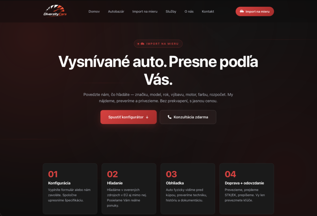 Reprezentatívny web pre autobazár s konfigurátorom importu vozidiel na mieru
